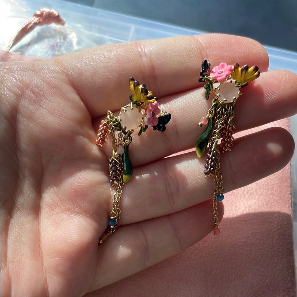 Les NEREIDES Floral Drop Earrings with Pink and Gold Accents